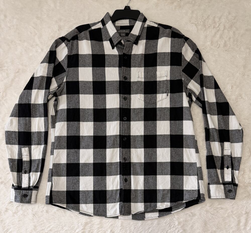 Eddie Bauer Flannel Shirt Mens Tall Large Black White Buffalo Plaid Button Down